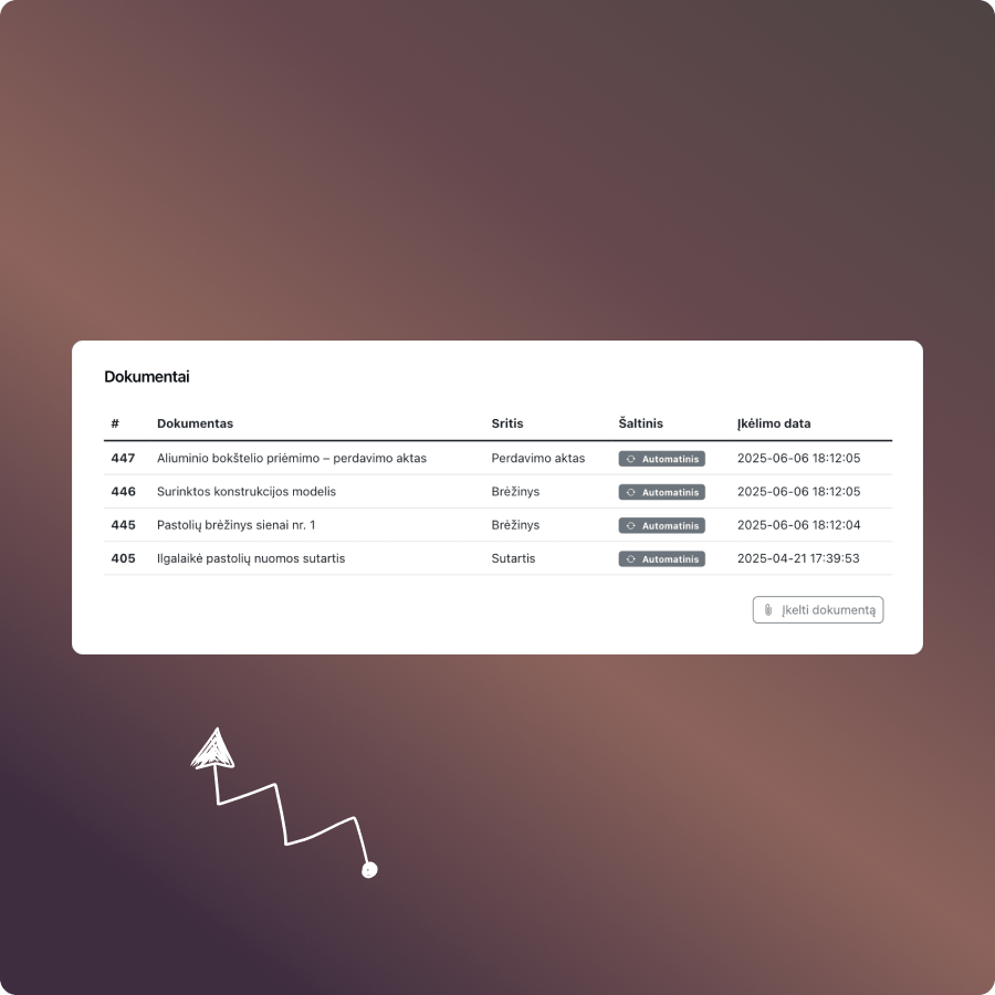 CRM sistemos dokumentų sąrašas su perdavimo aktais, brėžiniais ir nuomos sutartimis.