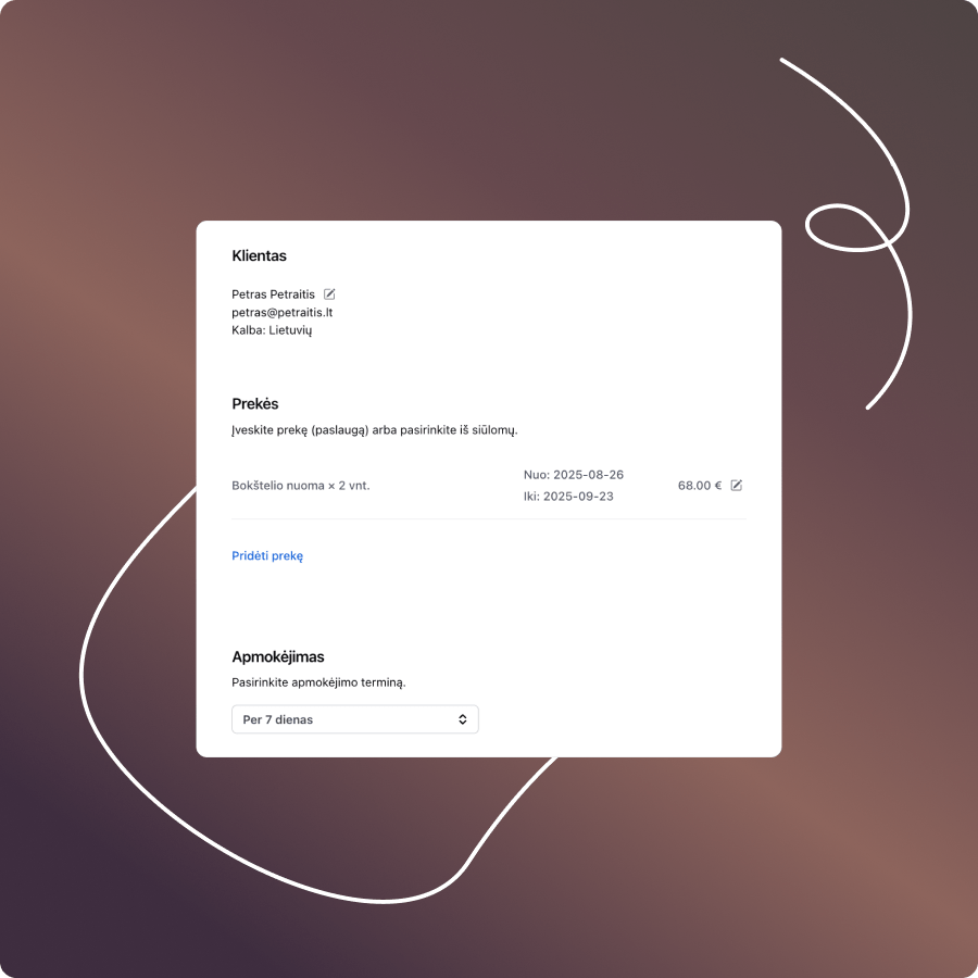 CRM sistemos sąskaitos redagavimo langas su kliento duomenimis, prekių nuomos informacija ir apmokėjimo terminu.